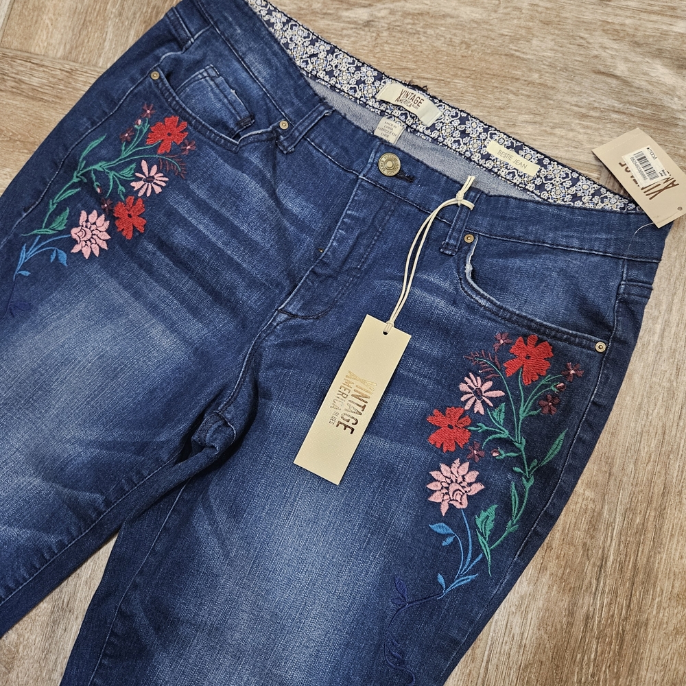 vintage america Embroidered Floral Dark Blue Women’s Jeans - Picture 3 of 8